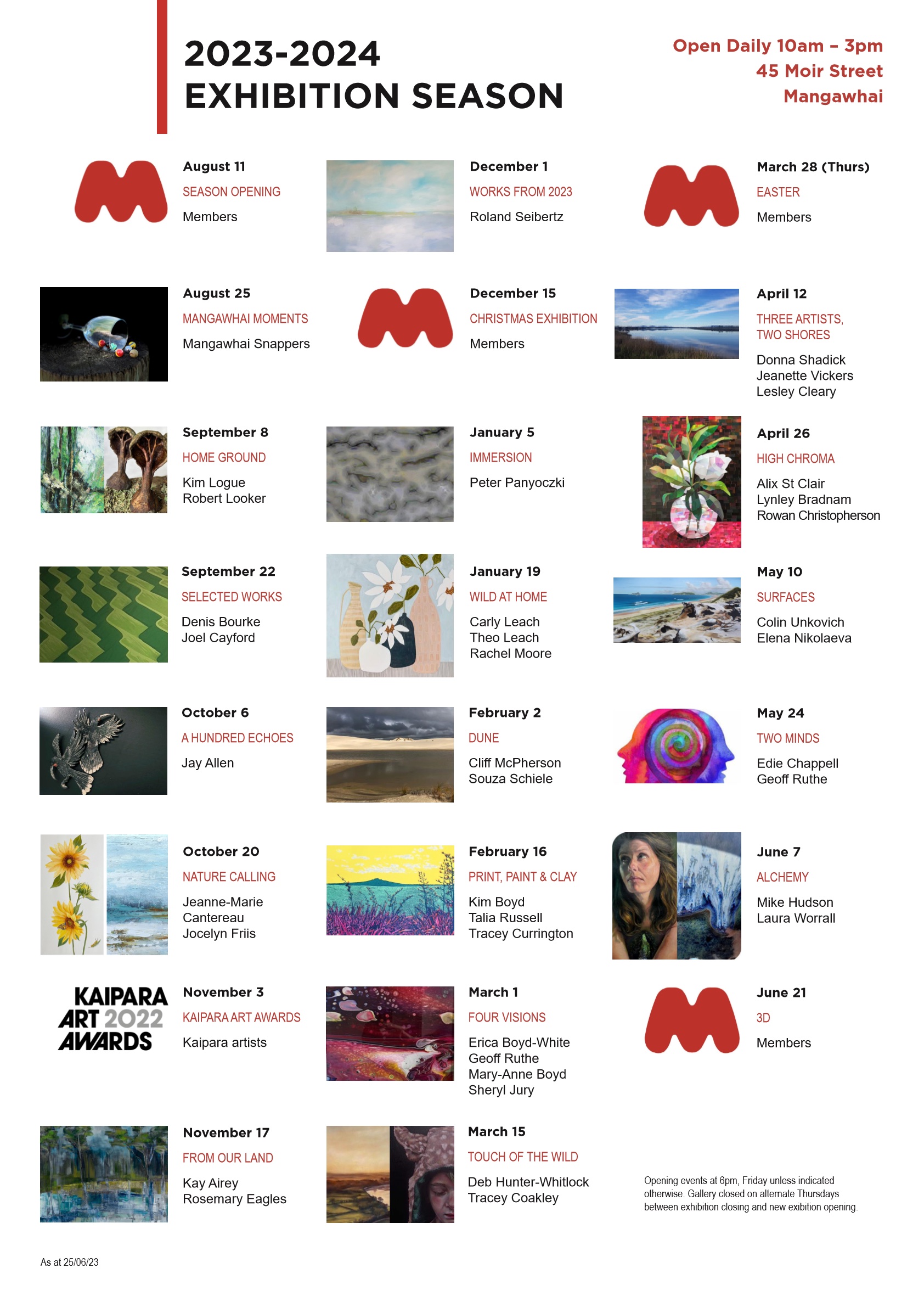 Exhibition calendar printable Mangawhai Artists Inc